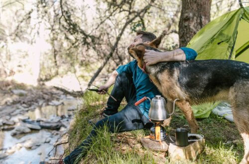 Portable camping water filter straw resting beside a stream for outdoor backpacking and camping trips