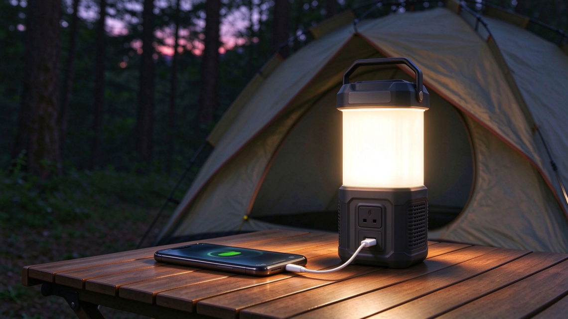 Portable rechargeable camping lantern charging smartphone on wooden campsite table, tent background